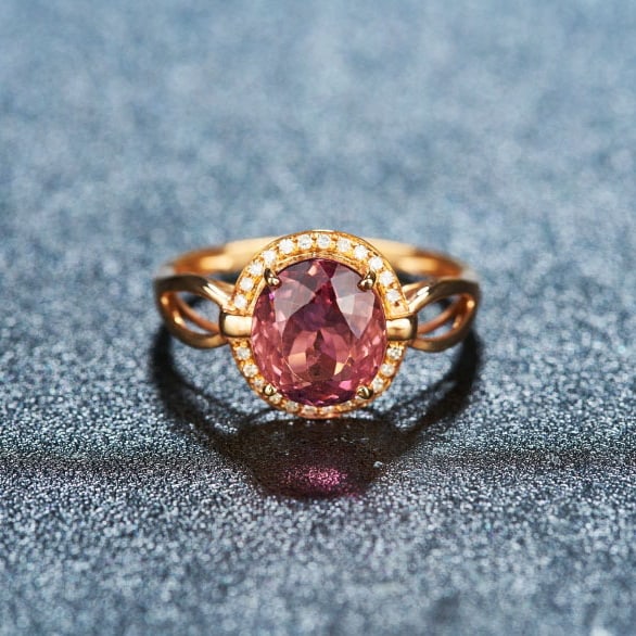 14k Gold 2.89 Ct Natural Tourmaline & Diamond Ring: Ref:230972396 // gold content:14k gold // ring size:7. 25us // // main gemstone:tourmaline // shape:oval // carat weight:2. 89ct // color:red // treatment:natural // // adjacent gemstone 2 : diamond