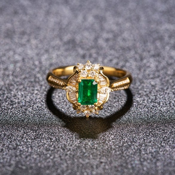 14k Gold 0.91 Ctw Vivid Green Natural Emerald & Diamond Ring: Ref:230972382 // gold content:14k gold // ring size:7. 25us // // main gemstone:emerald // shape:octagonal // carat weight:0. 48ct // color:vivid green // treatment:natural // // adjacent gemstone 2
