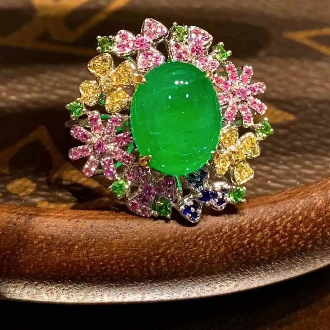 14k Gold 3.3 Ct Natural Emerald & Sapphire & Tsavorite Ring - 2