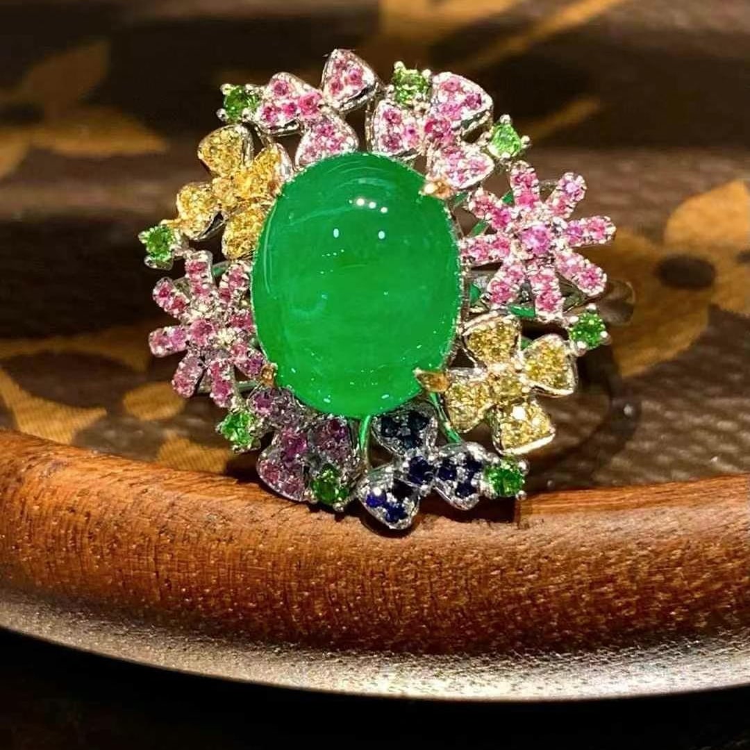 14k Gold 3.3 Ct Natural Emerald & Sapphire & Tsavorite Ring - 3