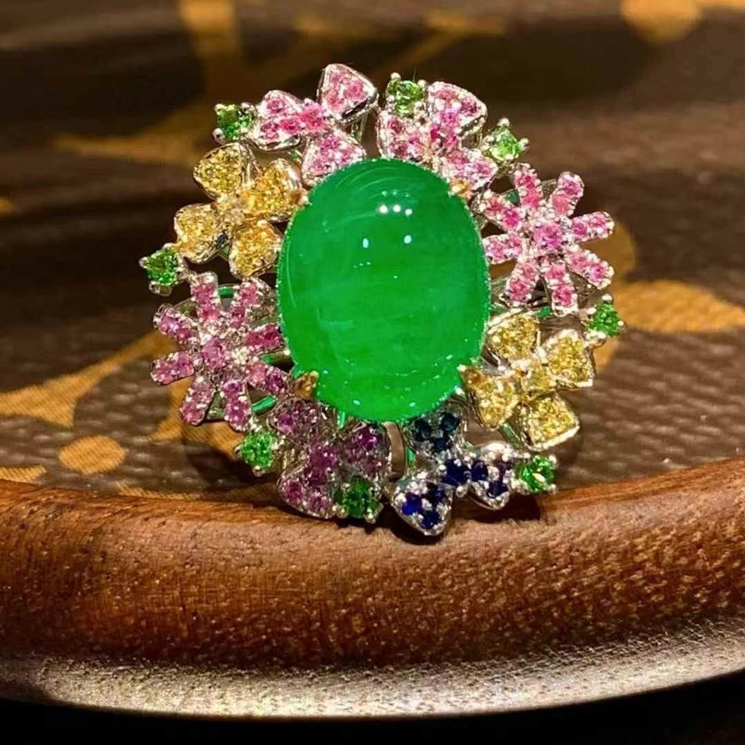 14k Gold 3.3 Ct Natural Emerald & Sapphire & Tsavorite Ring - 4