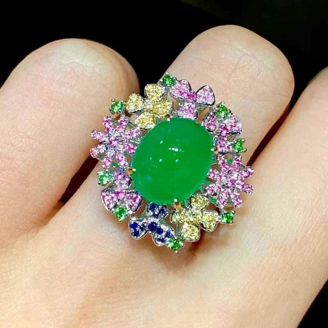 14k Gold 3.3 Ct Natural Emerald & Sapphire & Tsavorite Ring - 5