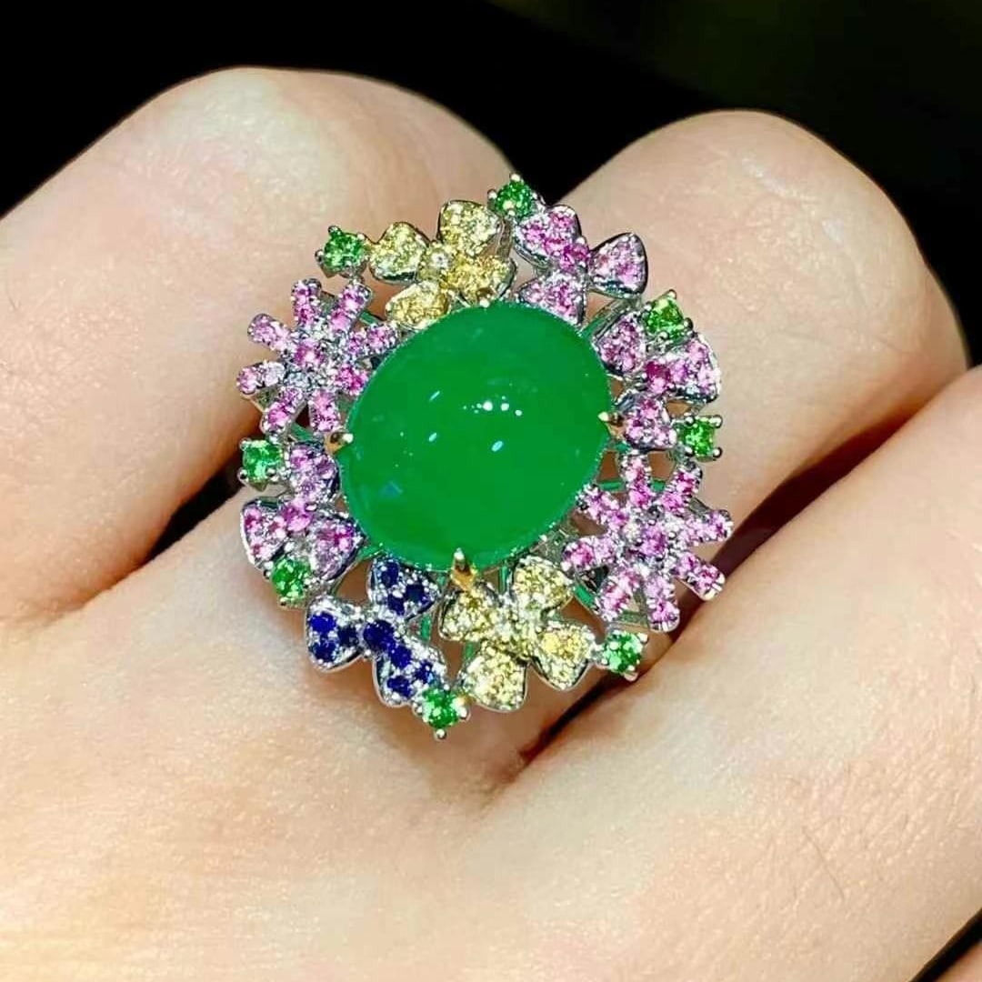 14k Gold 3.3 Ct Natural Emerald & Sapphire & Tsavorite Ring - 6