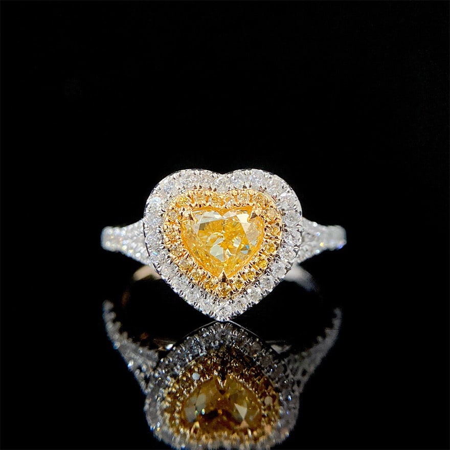 14k Gold 1.10 Ctw Natural Yellow Diamond & Diamond Ring: Ref:230972380 // gold content:14k gold // ring size:7. 25us // // main gemstone:yellow diamond // shape:heart // carat weight:0. 70ct // color:yellow // treatment:natural // // adjacent gemstone 2 :