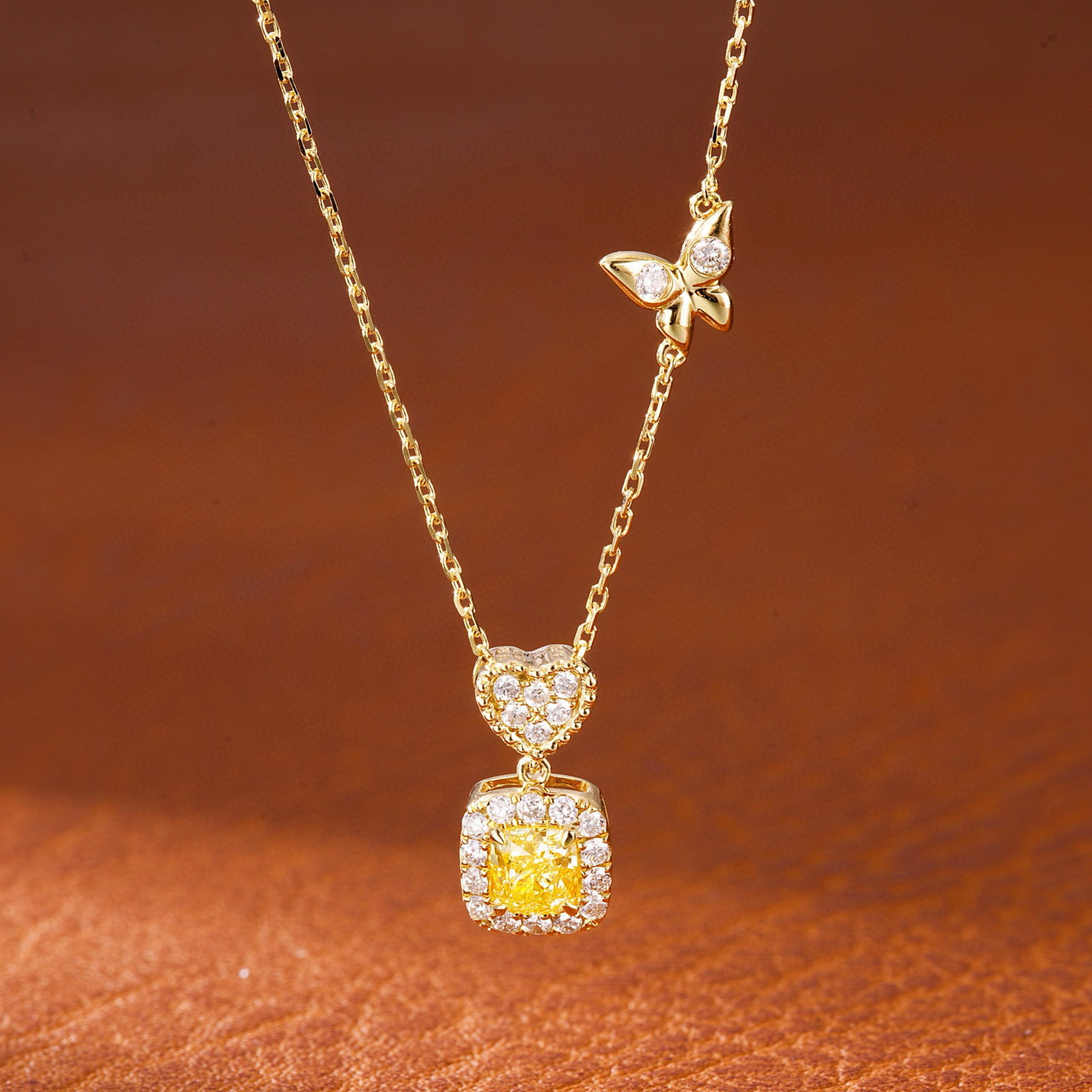 14k Gold 0.54 Ctw Natural Yellow Diamond & Diamond Necklace: Ref:230973013 // gold content:14k gold // main gemstone:yellow diamond // shape:cushion // carat weight:0. 37ct // color:yellow // treatment:natural // // adjacent gemstone 2 : diamond // shape:round