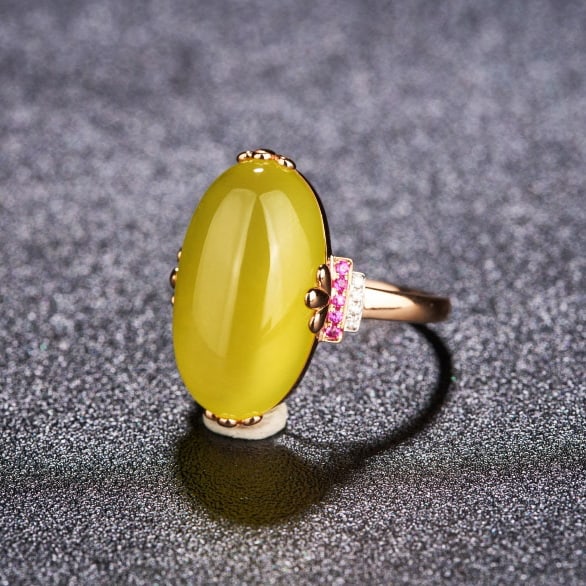 14k Gold 15.1 Ct Natural Prehnite & Ruby & Diamond Ring - 3