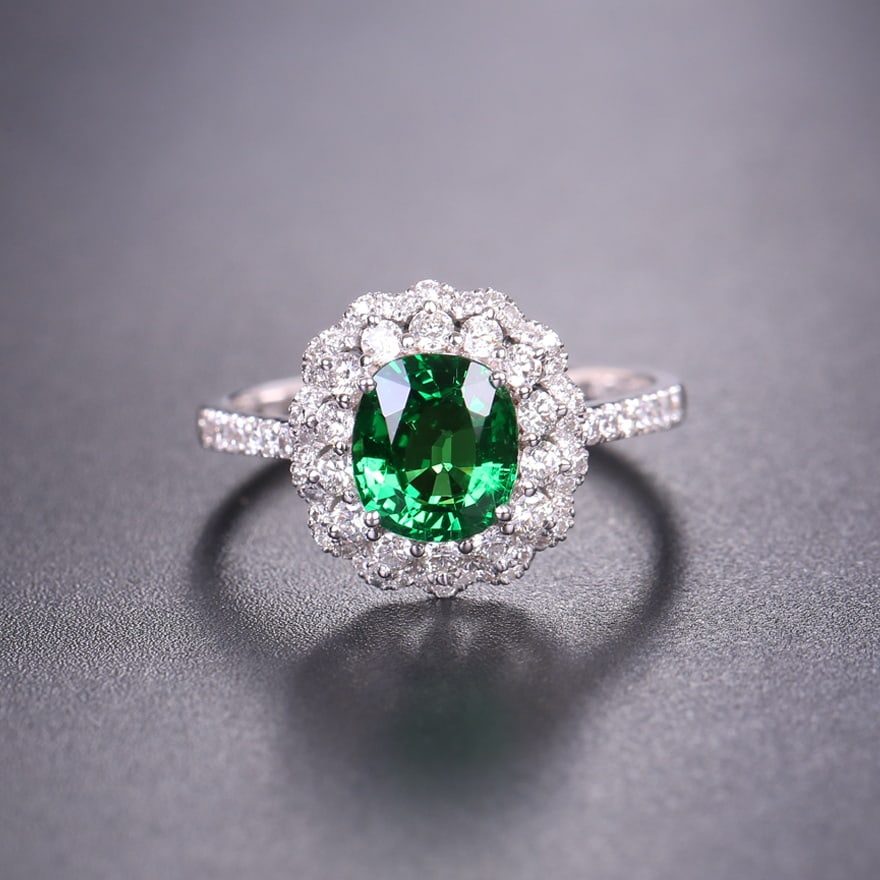 14k Gold 2.12 Ctw Vivid Green Natural Tsavorite & Diamond Ring: Ref:230973037 // gold content:14k gold // ring size:7. 25us // // main gemstone:tsavorite // shape:oval // carat weight:1. 6ct // color:vivid green // treatment:natural // // adjacent gemstone 2 :