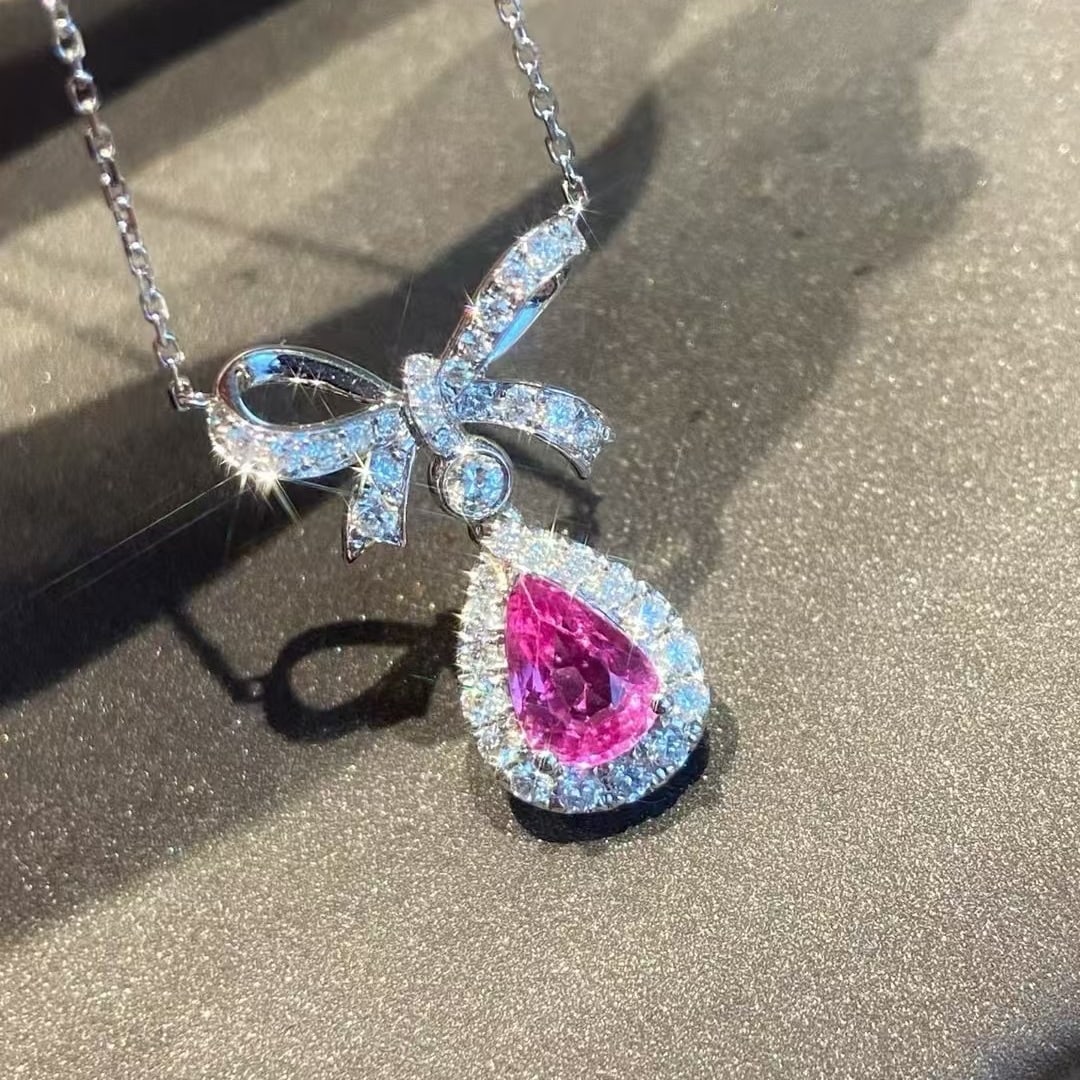14k Gold 1.2 Ctw Natural Sapphire & Diamond Necklace: Ref:230972431 // gold content:14k gold // main gemstone:sapphire // shape:pear // carat weight:0. 8ct // color:pink // treatment:natural // // adjacent gemstone 2 : diamond // shape:round // carat