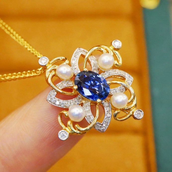 14k Gold 1.12 Ctw Natural Sapphire & Diamond Pendant( Without Chain ) - 2