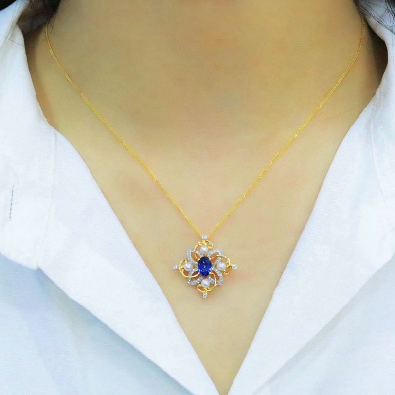 14k Gold 1.12 Ctw Natural Sapphire & Diamond Pendant( Without Chain ) - 4