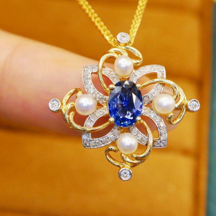 14k Gold 1.12 Ctw Natural Sapphire & Diamond Pendant( Without Chain ) - 5