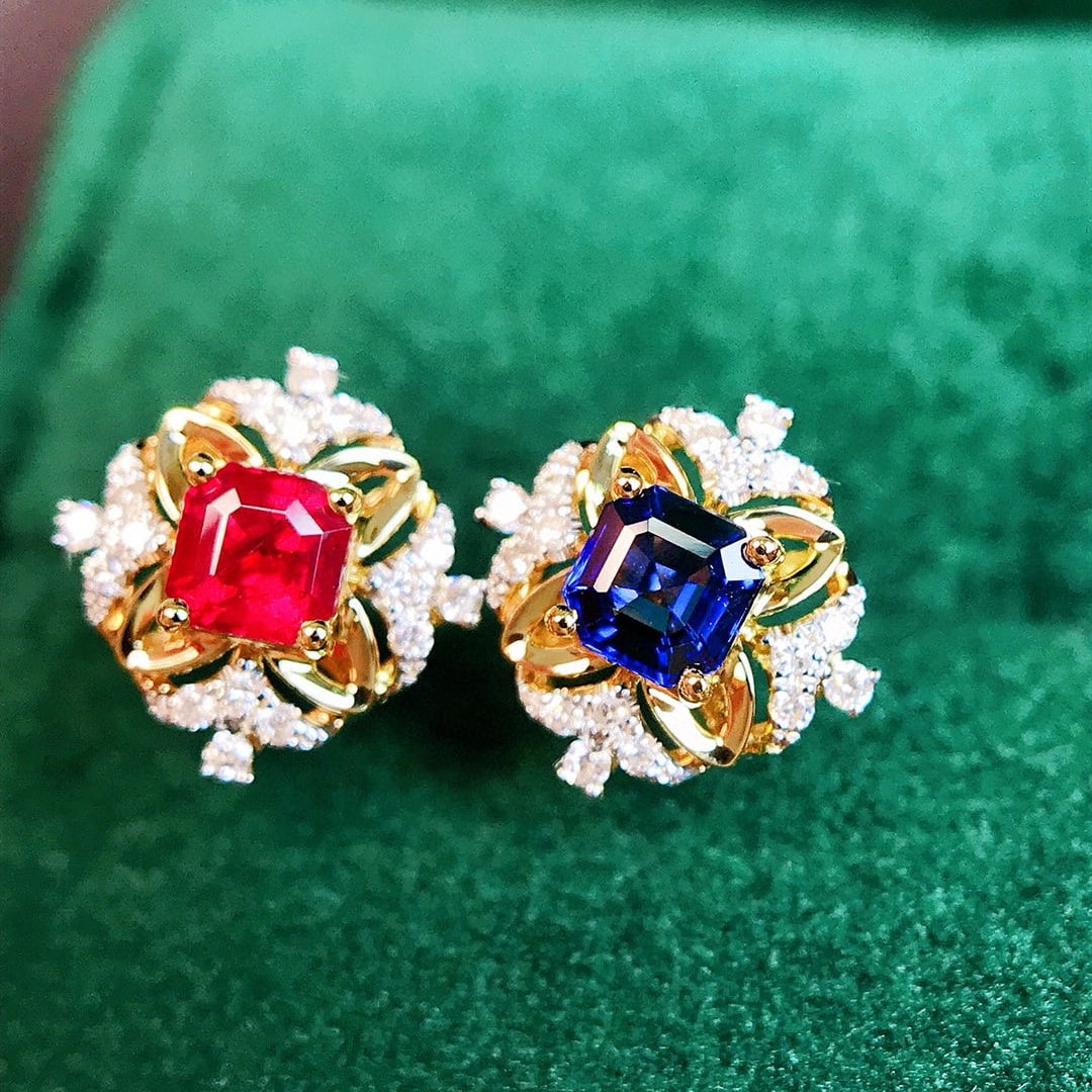 14k Gold 0.70 Ctw Natural Ruby & Sapphire & Diamond Earrings - 2