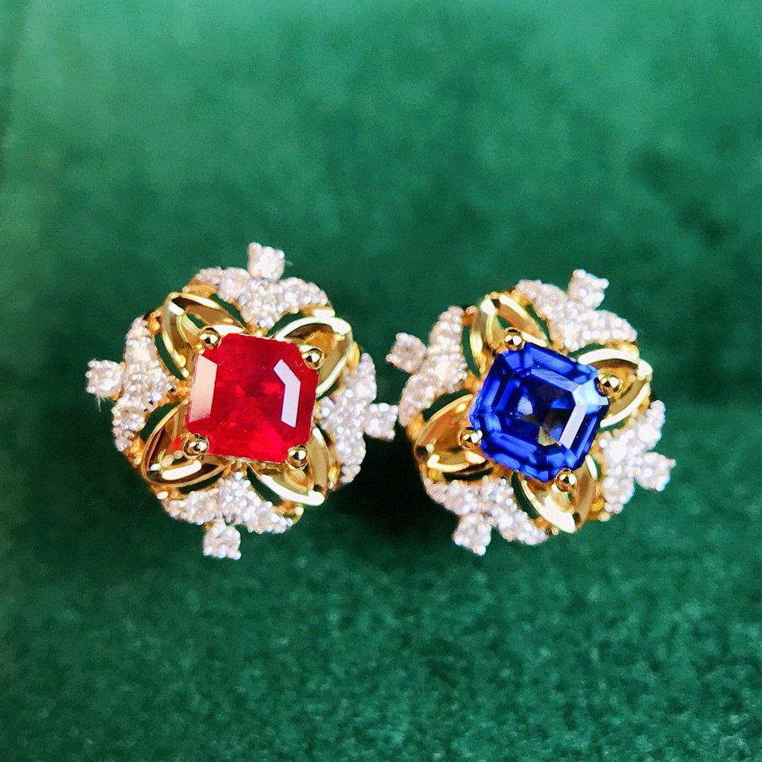 14k Gold 0.70 Ctw Natural Ruby & Sapphire & Diamond Earrings - 3
