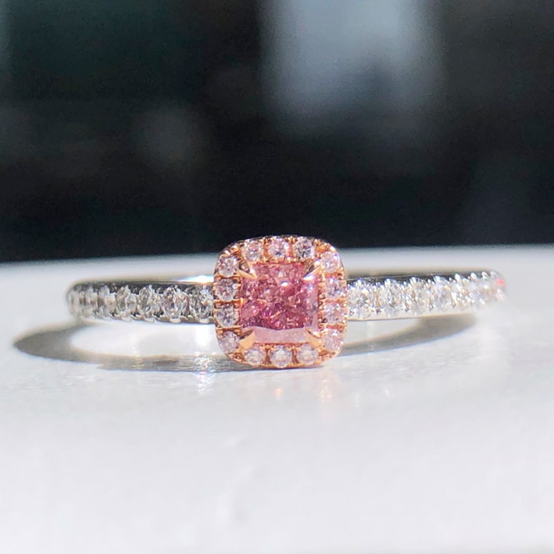 14k Gold 0.32 Ctw Natural Pink Diamond & Diamond Ring: Ref:230973039 // gold content:14k gold // ring size:7. 25us // // main gemstone:pink diamond // shape:cushion // carat weight:0. 15ct // color:pink // treatment:natural // // adjacent gemstone 2 :