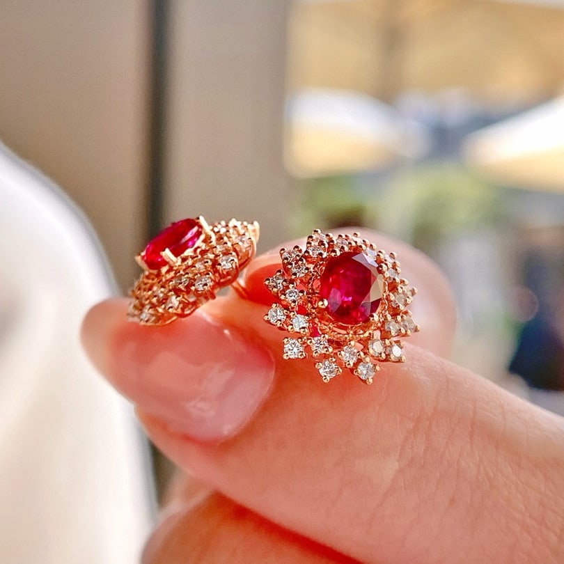 14k Gold 1.46 Ctw Natural Ruby & Diamond Earrings - 3