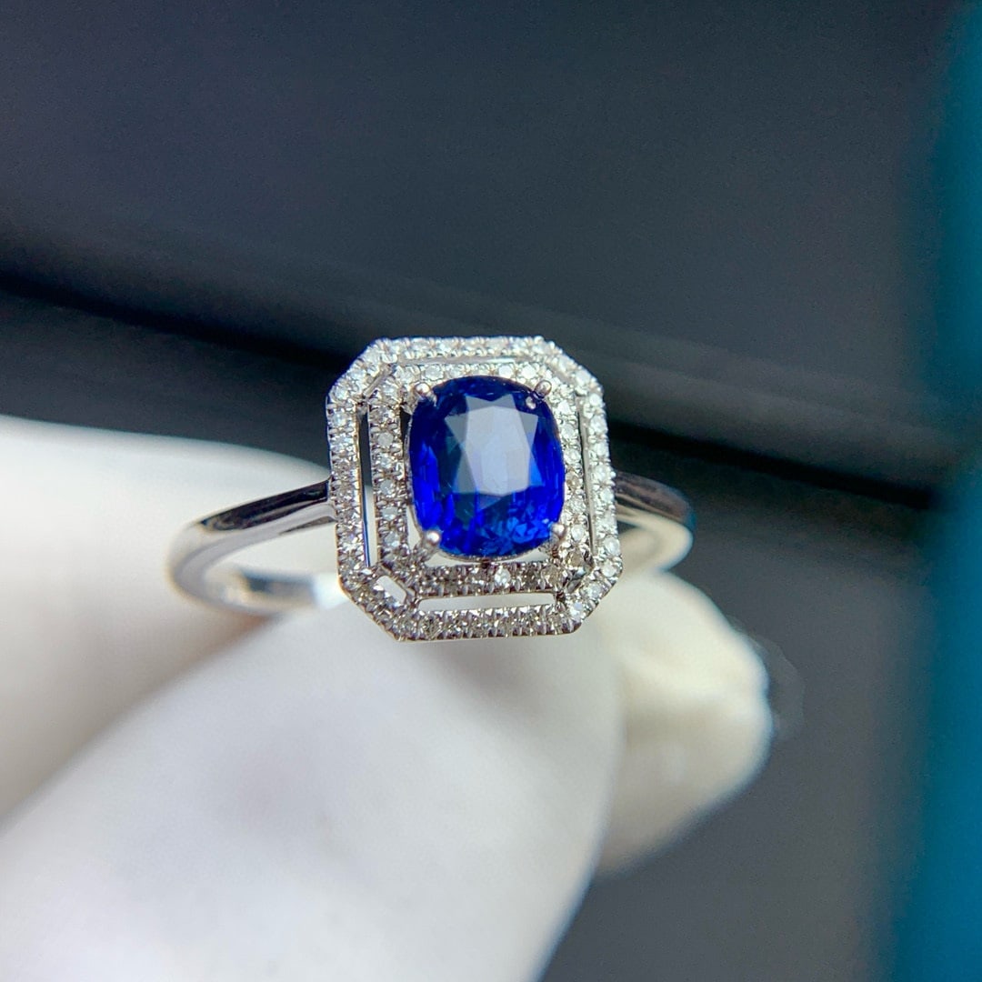 14k Gold 1.09 Ct Vivid Blue Natural Sapphire & Diamond Ring - 2