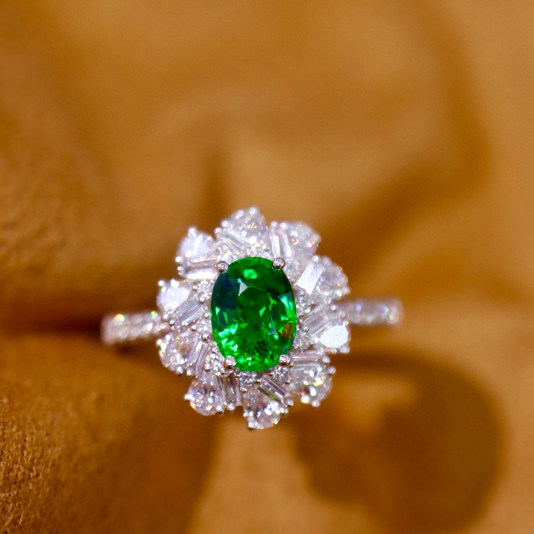 14k Gold 1.87 Ctw Vivid Green Natural Tsavorite & Diamond Ring: Ref:230973105 // gold content:14k gold // ring size:7. 25us // // main gemstone:tsavorite // shape:oval // carat weight:1. 0ct // color:vivid green // treatment:natural // // adjacent gemstone 2 :