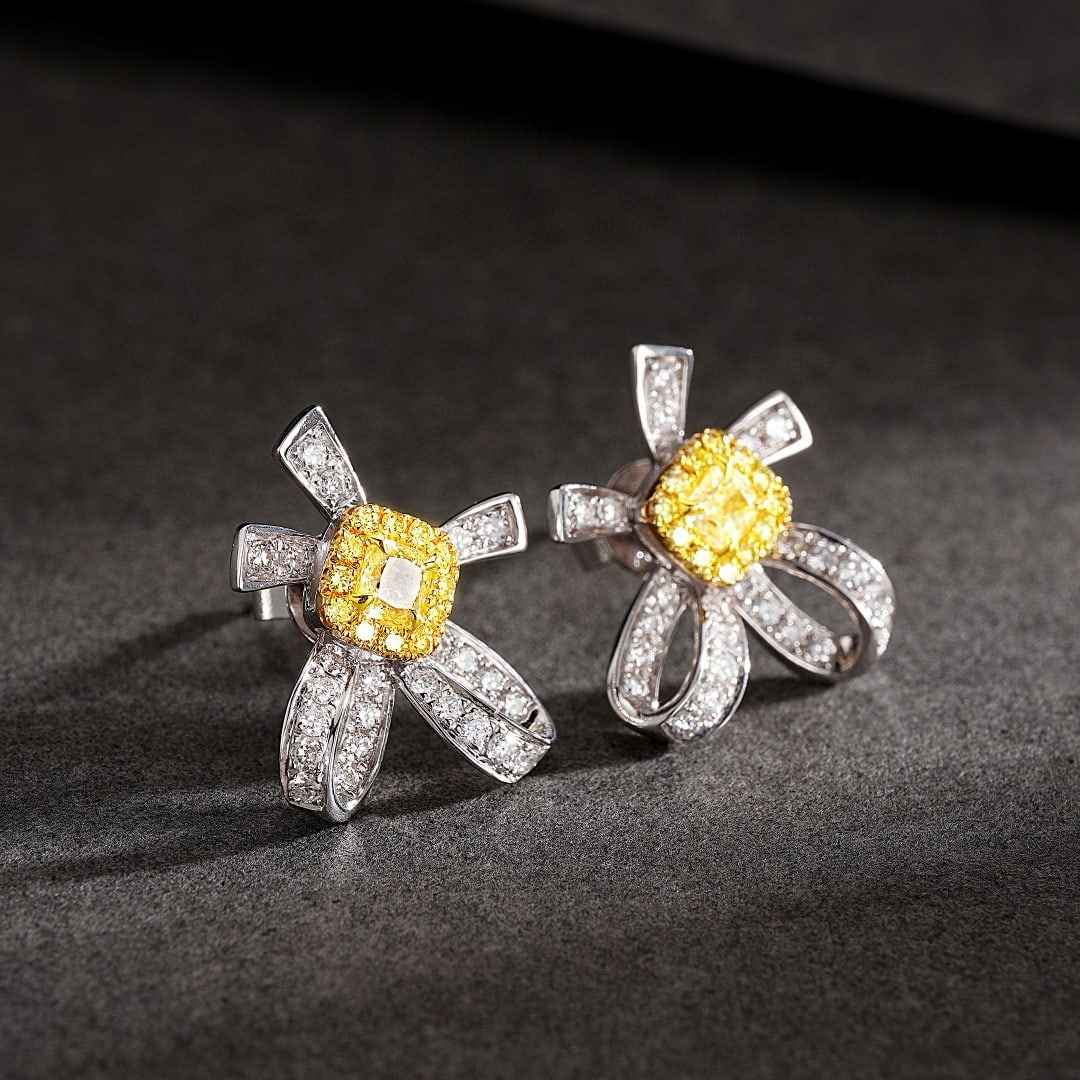 14k Gold 0.72 Ctw Natural Yellow Diamond & Diamond Earrings - 2