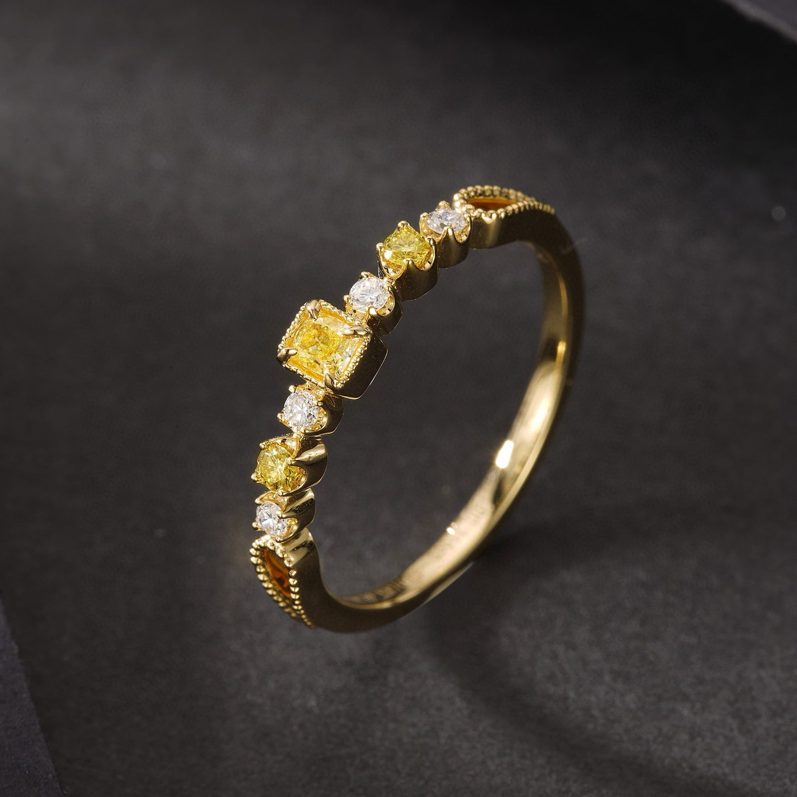 14k Gold 0.25 Ctw Natural Yellow Diamond & Diamond Ring: Ref:230973243 // gold content:14k gold // ring size:7. 25us // // main gemstone:yellow diamond // shape:cushion // carat weight:0. 12ct // color:yellow // treatment:natural // // adjacent gemstone 2