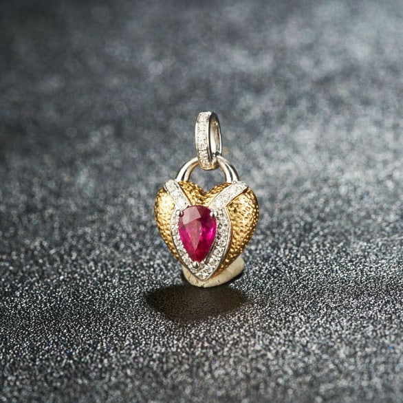 14k Gold 0.67 Ctw Natural Ruby & Diamond Pendant( Without Chain ) - 2