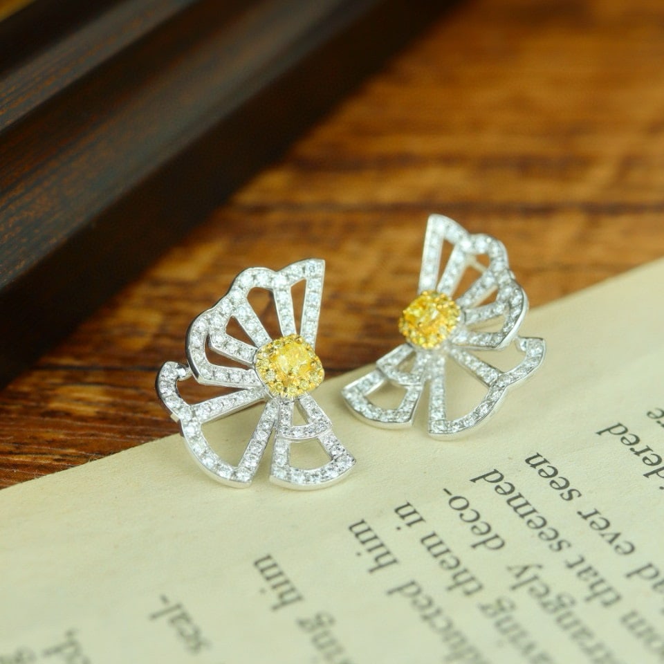 14k Gold 0.85 Ctw Natural Yellow Diamond & Diamond Earrings - 2