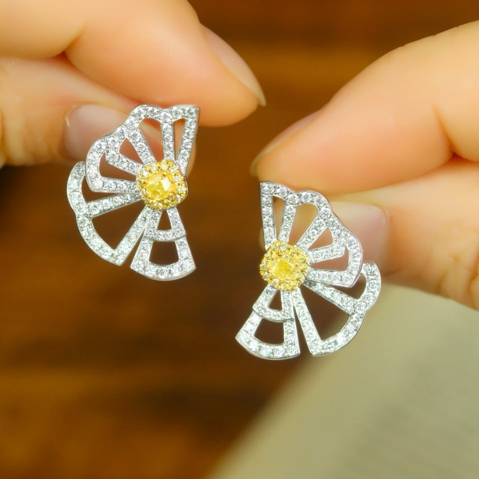 14k Gold 0.85 Ctw Natural Yellow Diamond & Diamond Earrings - 3