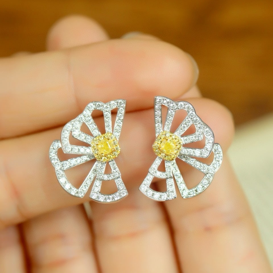 14k Gold 0.85 Ctw Natural Yellow Diamond & Diamond Earrings - 4