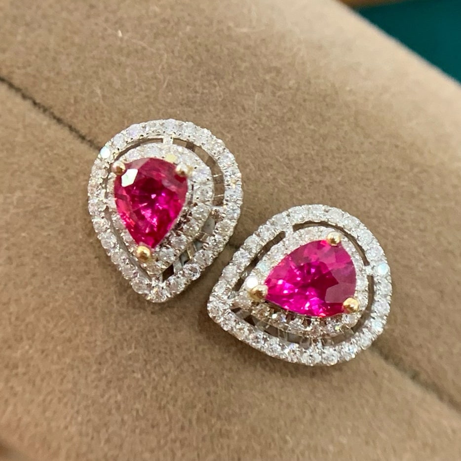 14k Gold 1.18 Ct Natural Ruby & Diamond Earrings - 2