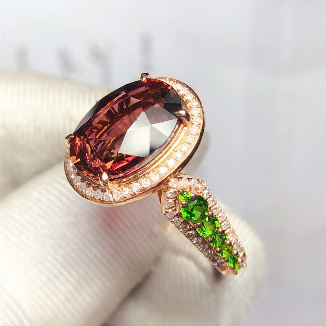 14k Gold 4.88 Ct Natural Tourmaline & Diamond & Tsavorite Ring - 2