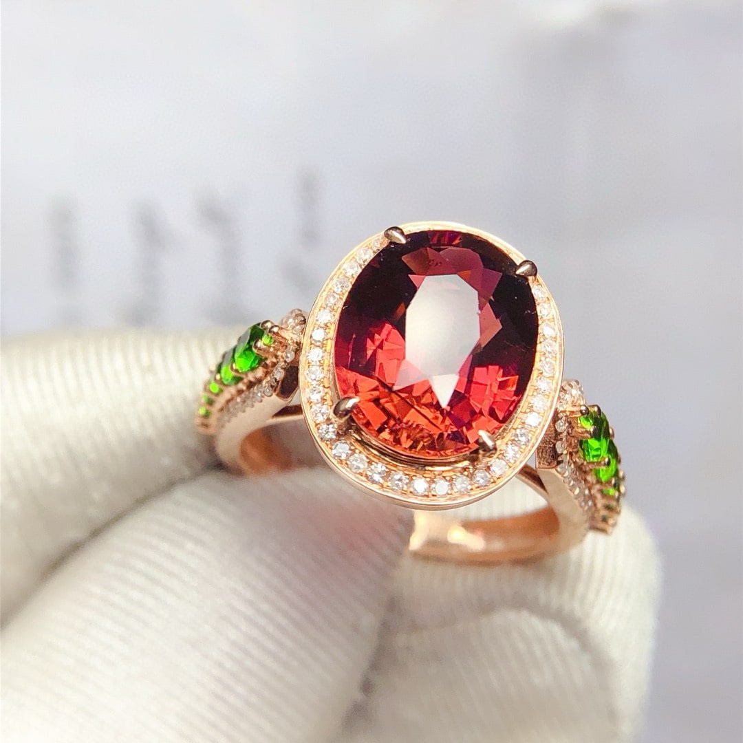 14k Gold 4.88 Ct Natural Tourmaline & Diamond & Tsavorite Ring - 4
