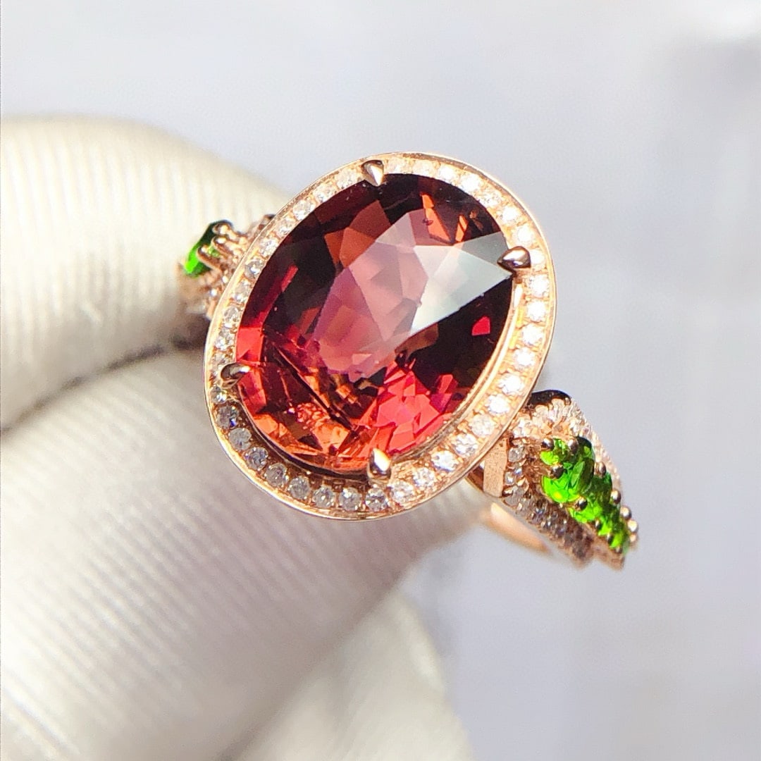 14k Gold 4.88 Ct Natural Tourmaline & Diamond & Tsavorite Ring - 5