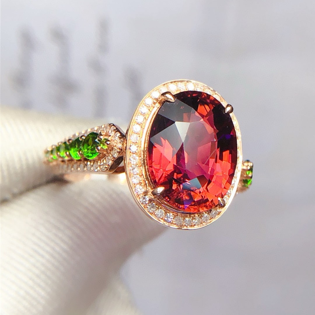 14k Gold 4.88 Ct Natural Tourmaline & Diamond & Tsavorite Ring - 6
