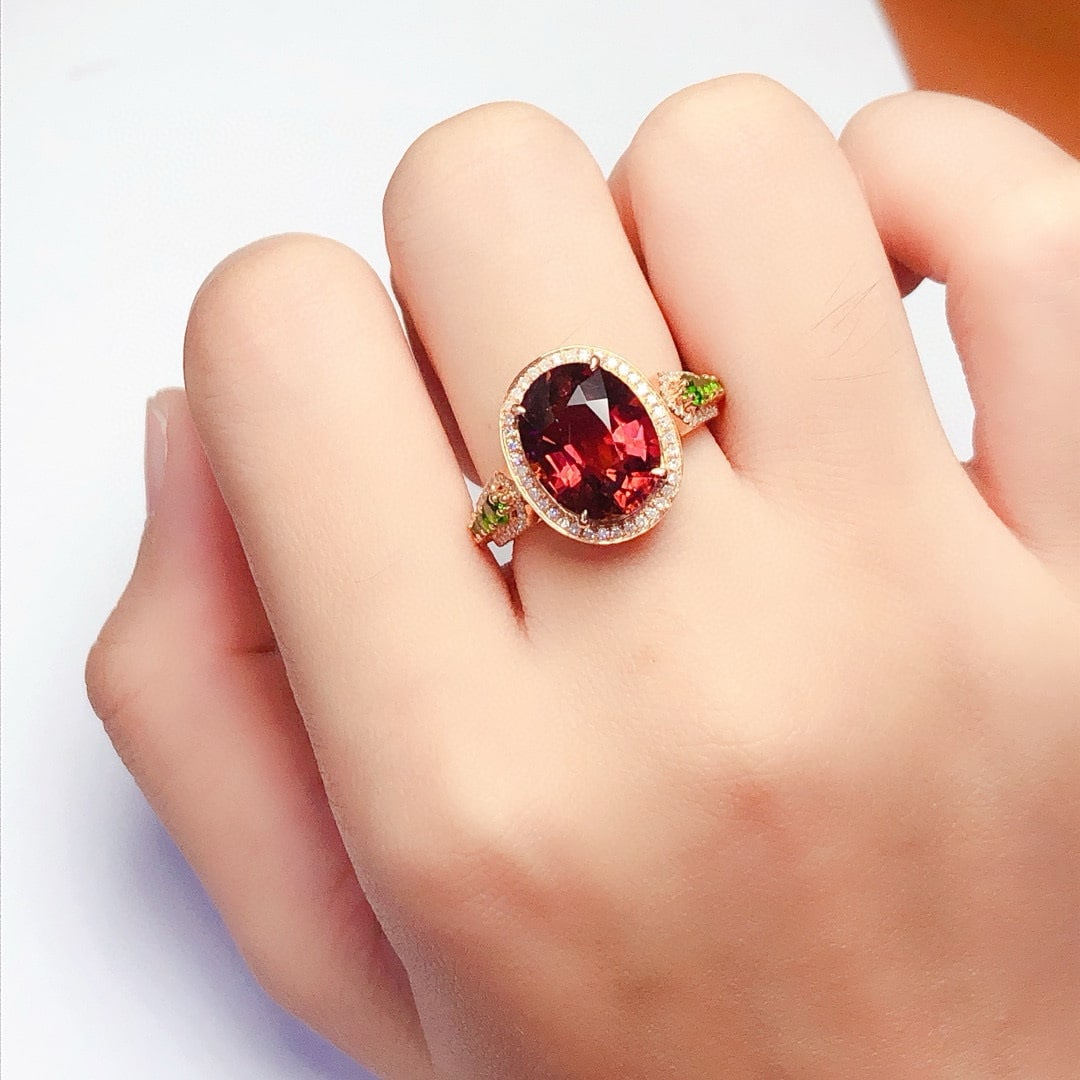 14k Gold 4.88 Ct Natural Tourmaline & Diamond & Tsavorite Ring - 7
