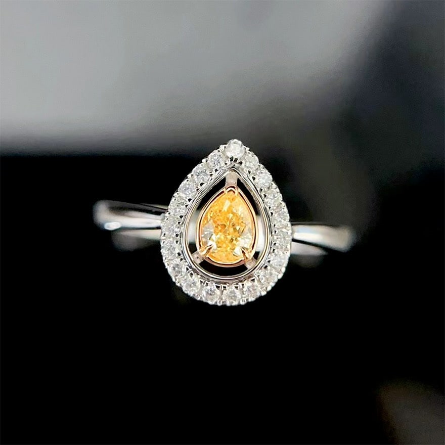 14k Gold 0.30 Ctw Natural Yellow Diamond & Diamond Ring: Ref:230974018 // gold content:14k gold // ring size:7. 25us // // main gemstone:yellow diamond // shape:pear // carat weight:0. 19ct // color:yellow // treatment:natural // // adjacent gemstone 2 :
