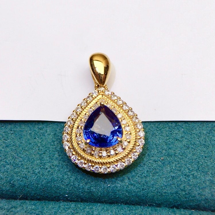 14k Gold 1.75 Ctw Natural Sapphire & Diamond Pendant( Without Chain ) - 2
