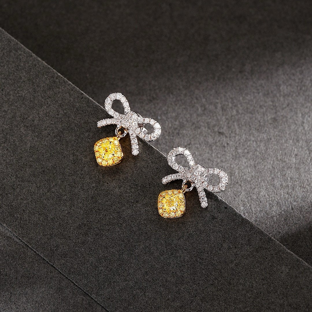 14k Gold 0.52 Ctw Natural Yellow Diamond & Diamond Earrings: Ref:230973246 // gold content:14k gold // main gemstone:yellow diamond // shape:cushion // carat weight:0. 20ct // color:yellow // treatment:natural // // adjacent gemstone 2 : diamond // shape:round