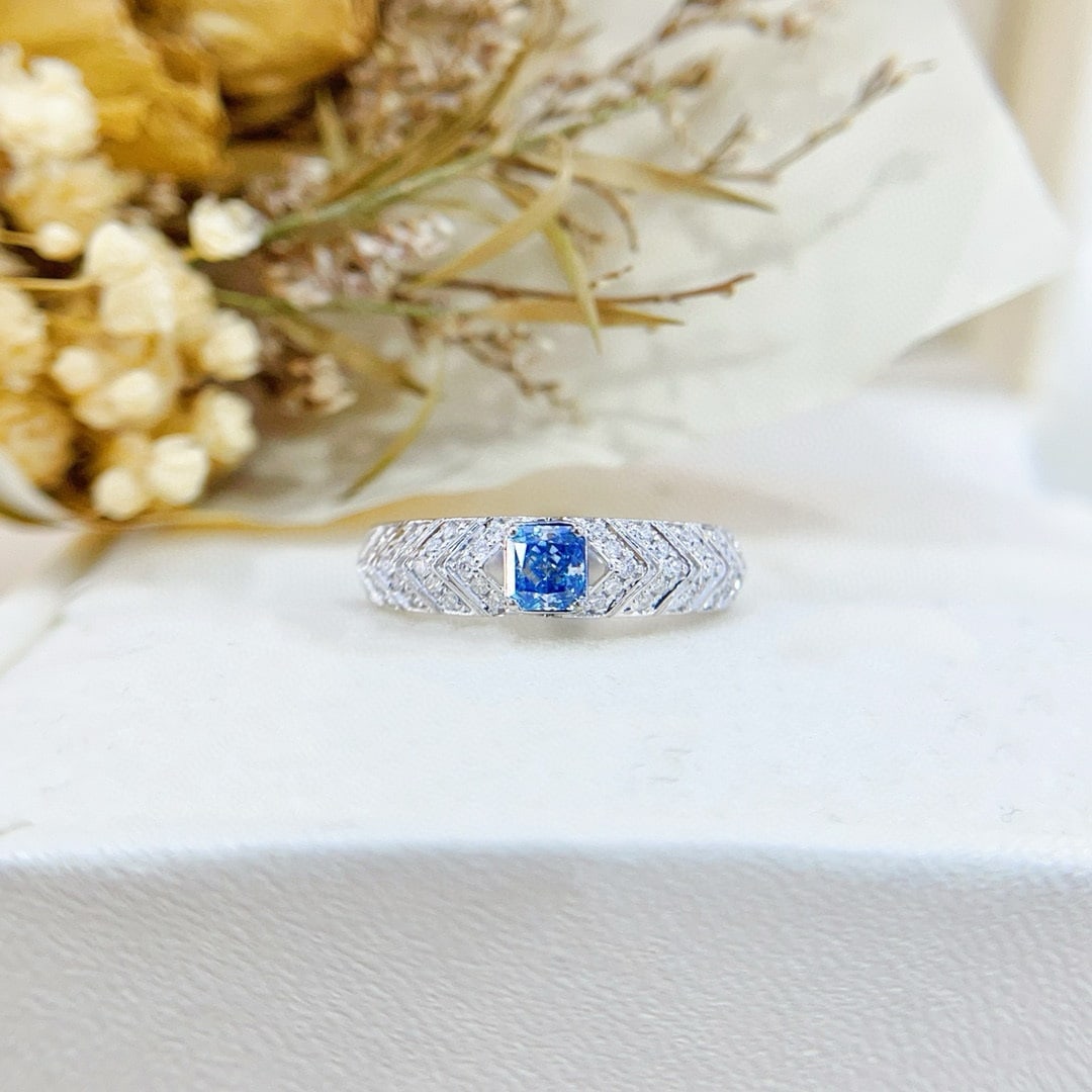 14k Gold 0.41 Ctw Natural Blue Diamond & Diamond Ring: Ref:230974053 // gold content:14k gold // ring size:7. 25us // // main gemstone:blue diamond // shape:cushion // carat weight:0. 26ct // color:blue // treatment:natural // // adjacent gemstone 2 :