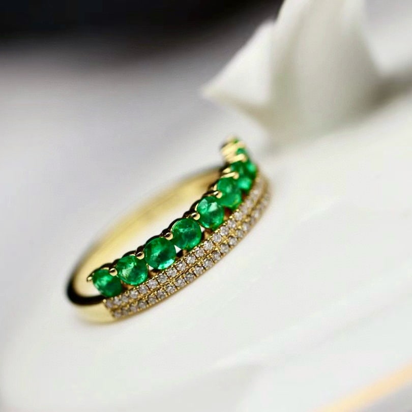 14k Gold 0.78 Ctw Vivid Green Natural Emerald & Diamond Ring - 3