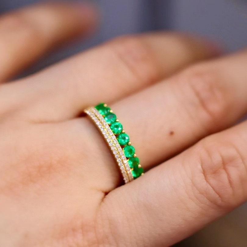 14k Gold 0.78 Ctw Vivid Green Natural Emerald & Diamond Ring - 5