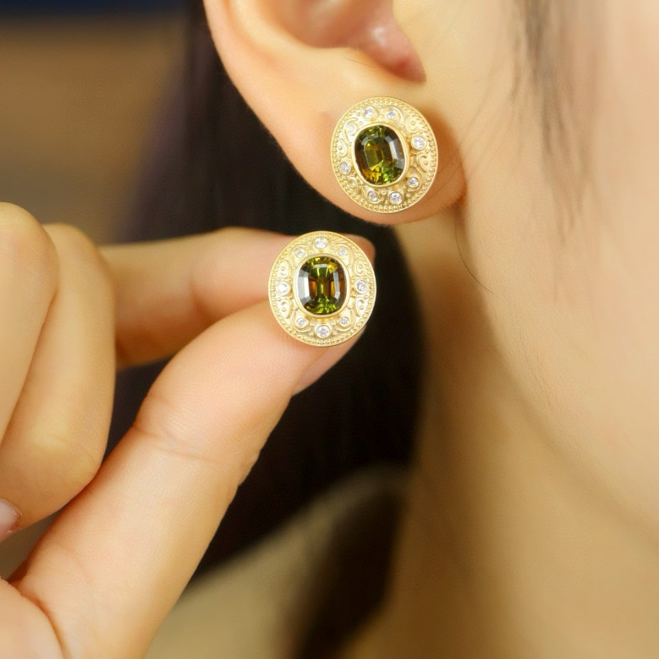 14k Gold 2.43 Ctw Natural Tourmaline & Diamond Earrings - 2