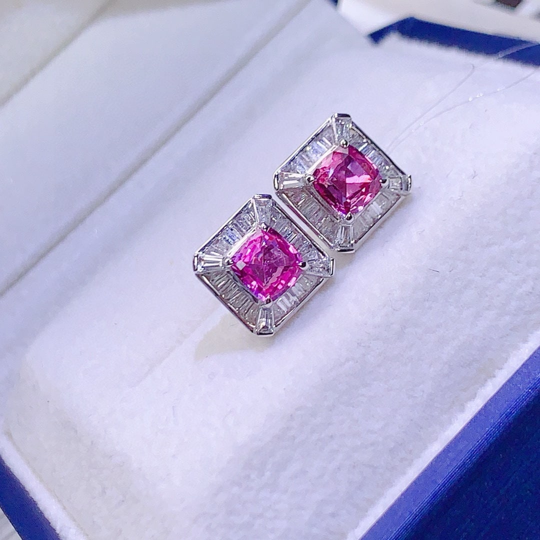 14k Gold 2.34 Ctw Natural Padparadscha Sapphire & Diamond Earrings - 2