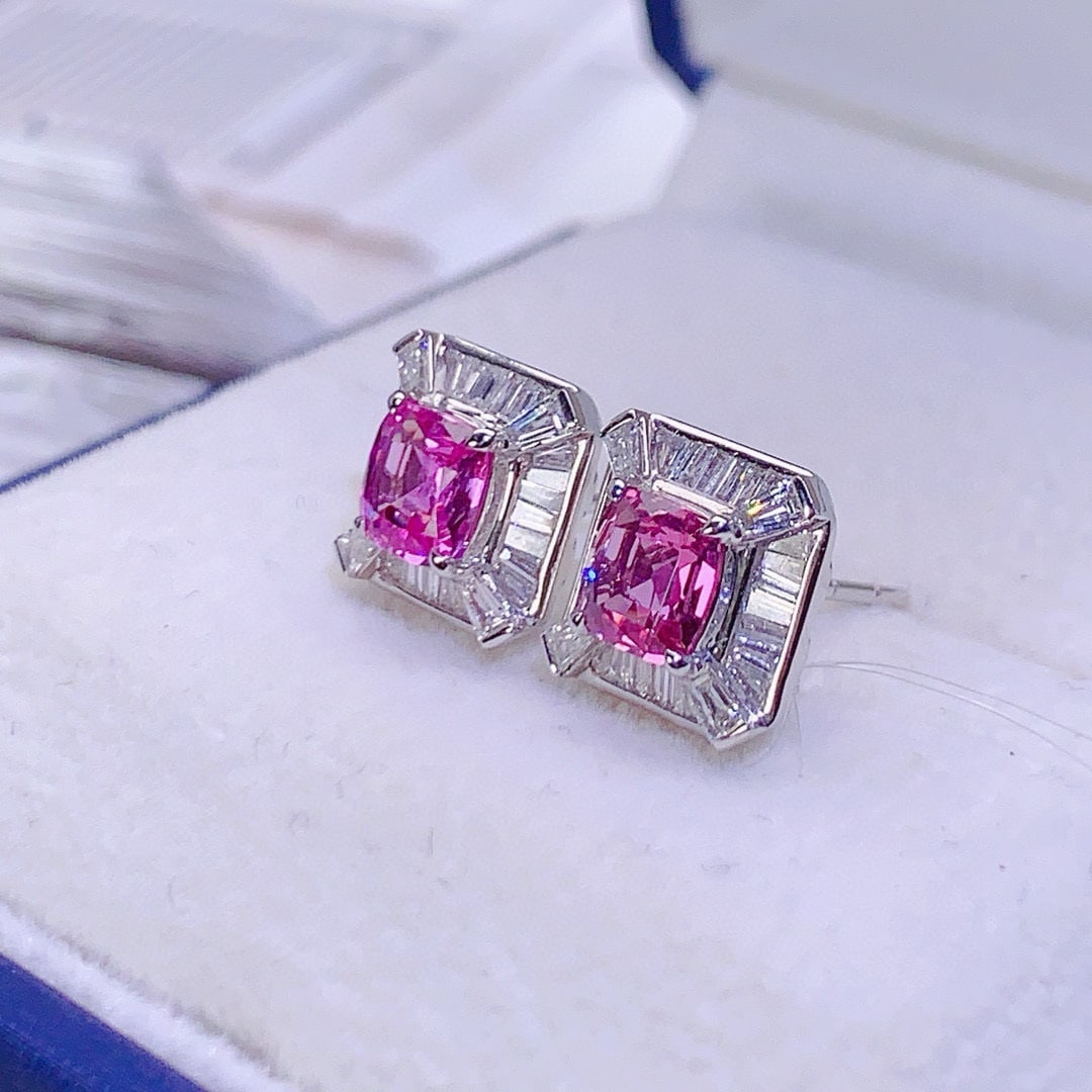 14k Gold 2.34 Ctw Natural Padparadscha Sapphire & Diamond Earrings - 3