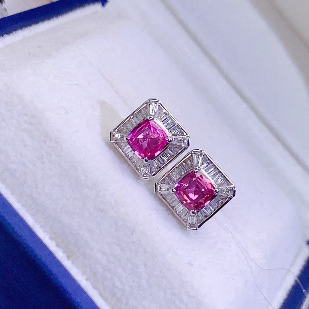 14k Gold 2.34 Ctw Natural Padparadscha Sapphire & Diamond Earrings - 4