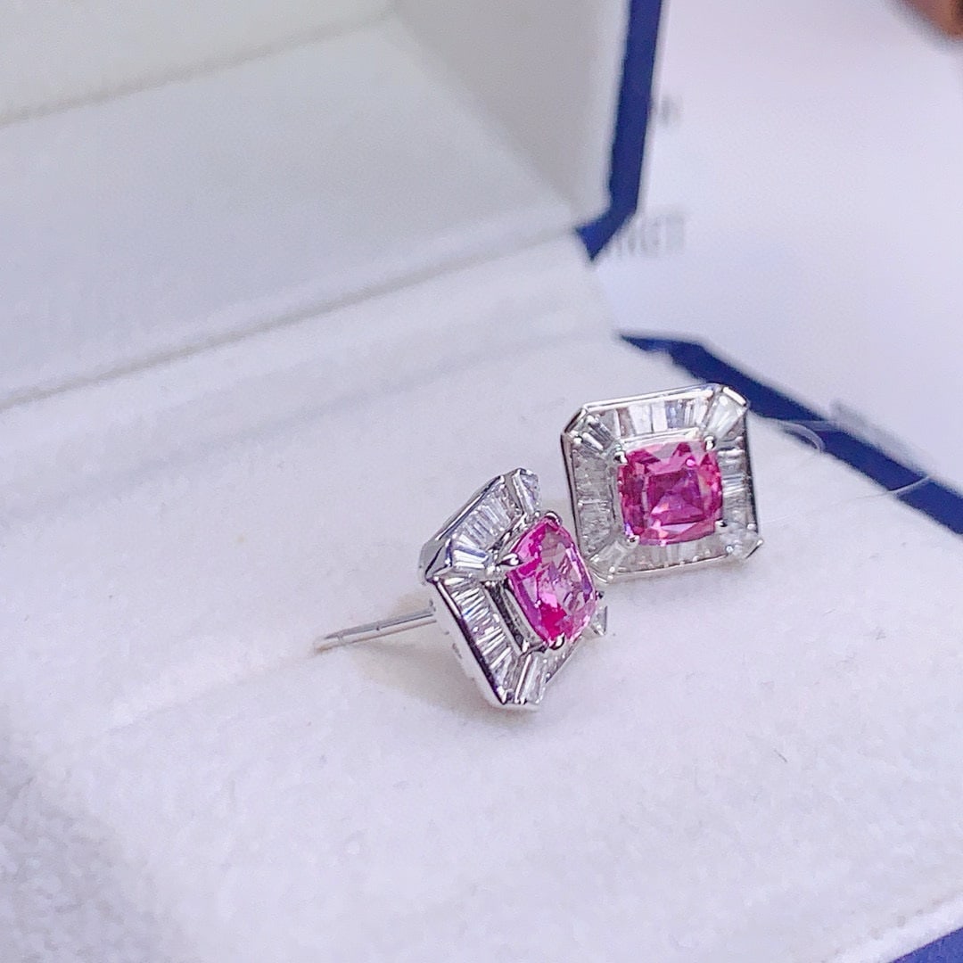 14k Gold 2.34 Ctw Natural Padparadscha Sapphire & Diamond Earrings - 5