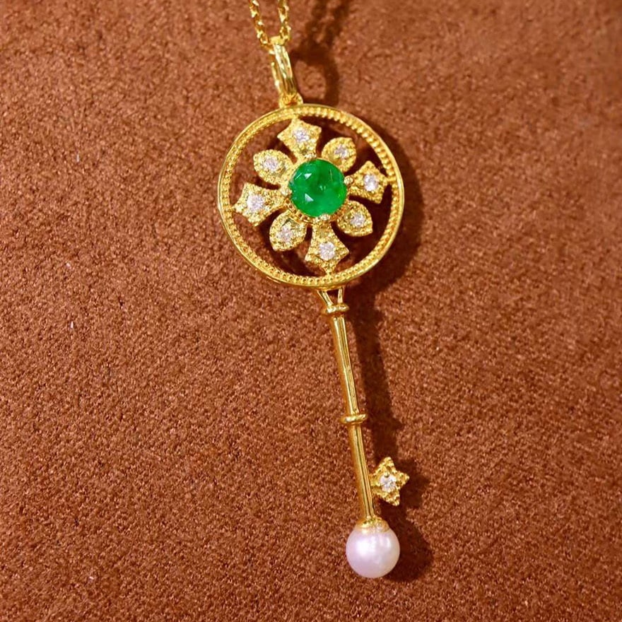 14k Gold 0.59 Ctw Vivid Green Natural Emerald & Diamond Pendant( Without Chain ) - 5