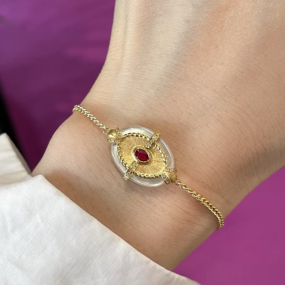 14k Gold 0.12 Ct Natural Ruby & Diamond Bracelet - 2