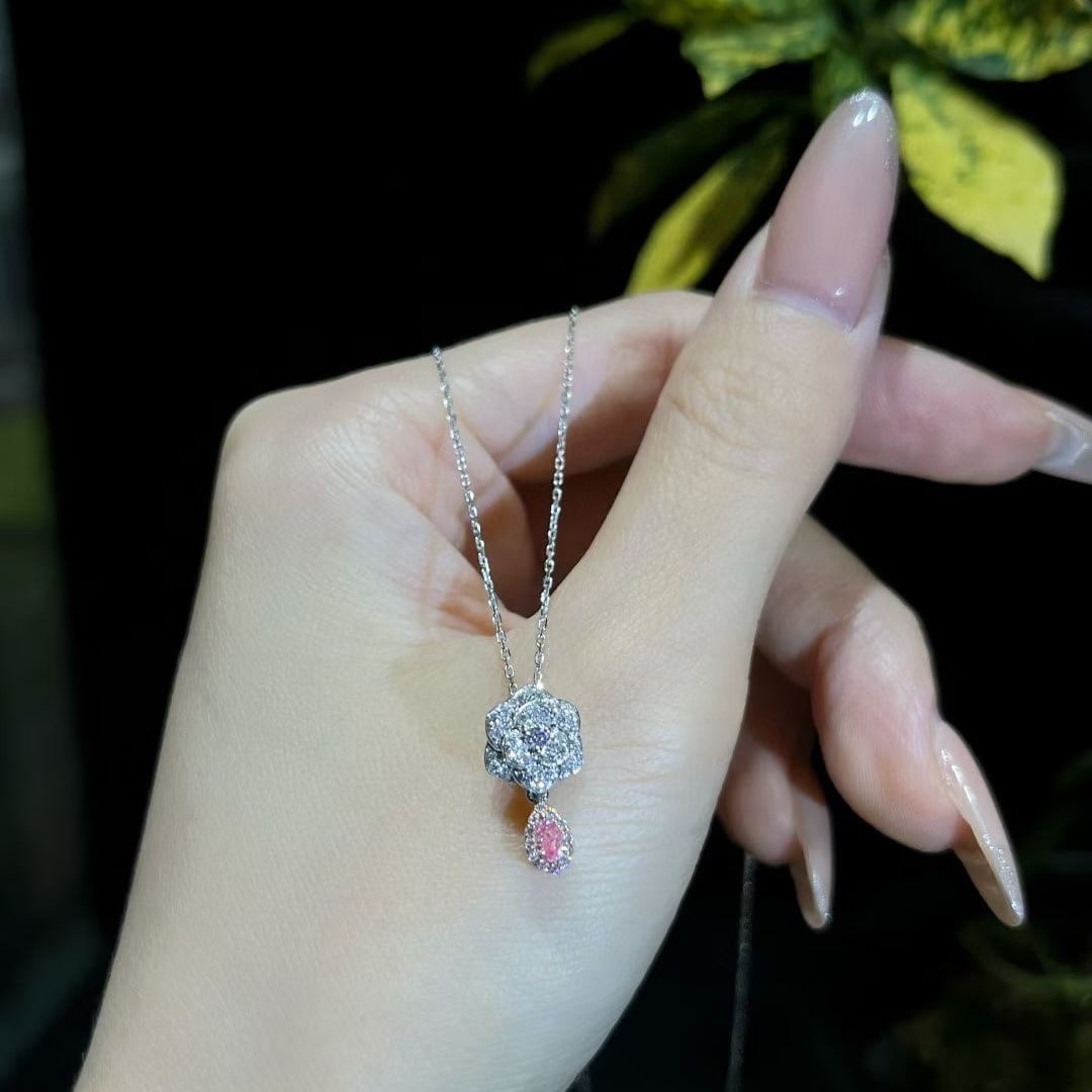14k Gold 0.28 Ctw Natural Pink Diamond & Diamond & Flowers Necklace - 2