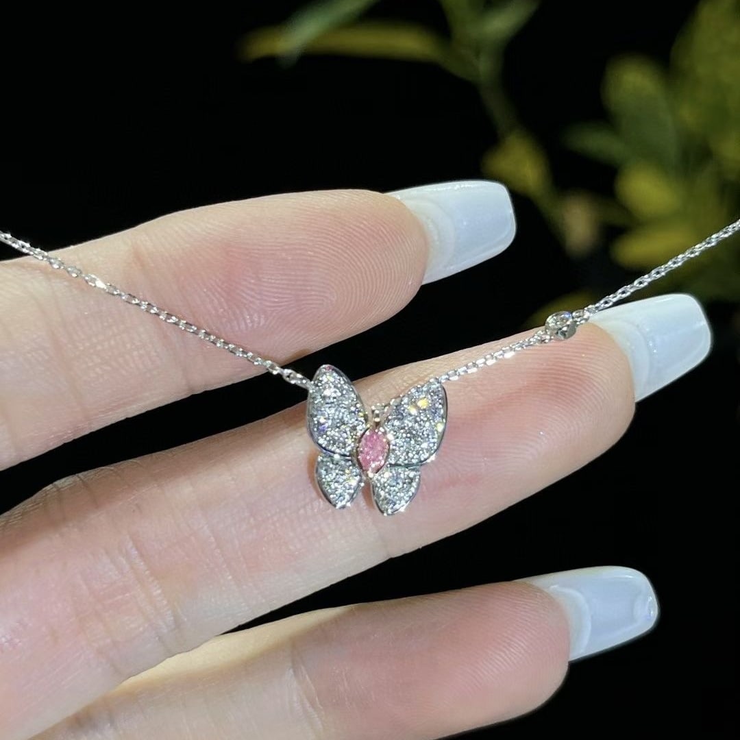 14k Gold 0.35 Ctw Natural Pink Diamond & Diamond & Butterfly Necklace: Ref:230974298 // gold content:14k gold // main gemstone:pink diamond // shape:marquise // carat weight:0. 07ct // color:pink // treatment:natural // // adjacent gemstone 2 : diamond // shape:round //