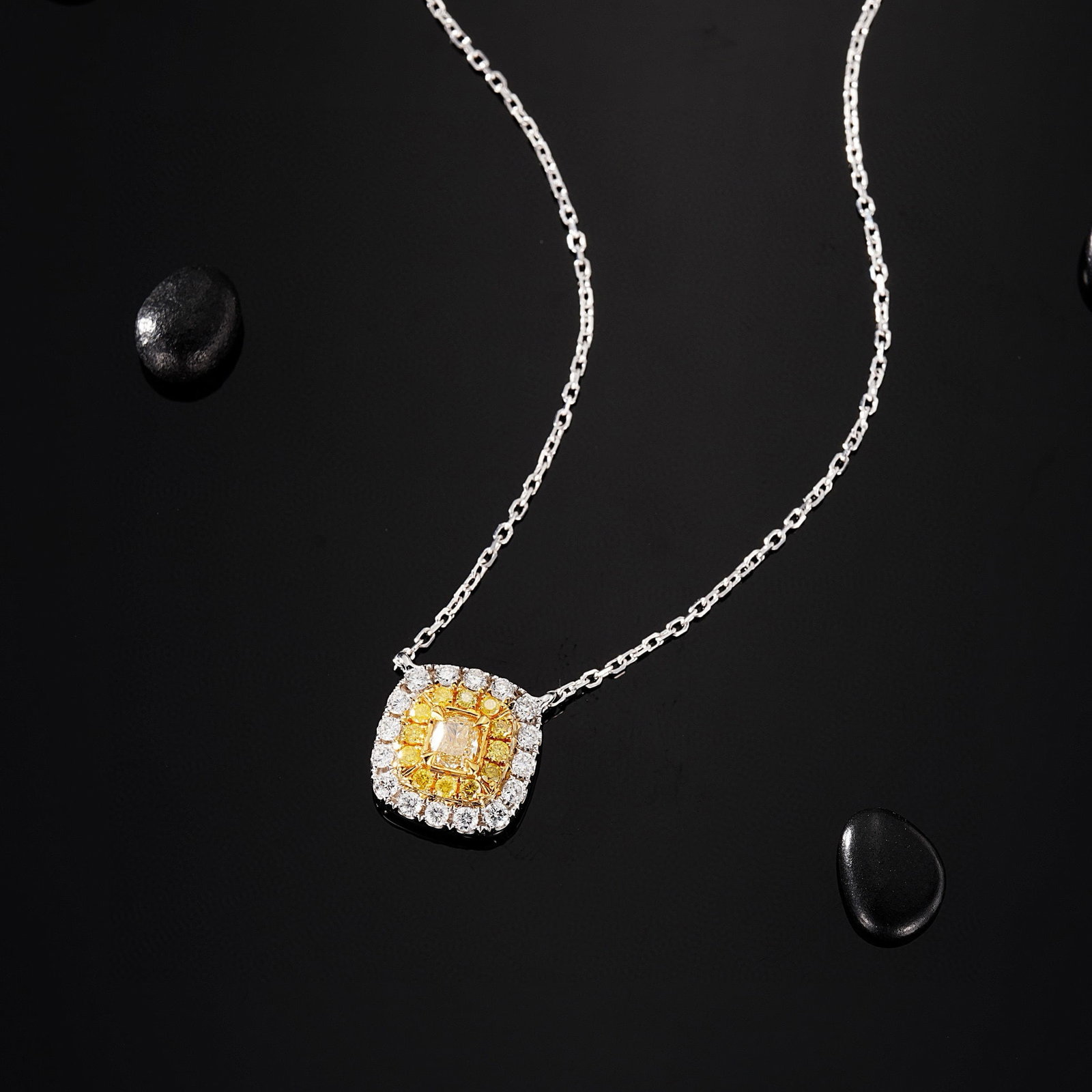 14k Gold 0.32 Ctw Natural Yellow Diamond & Diamond Necklace: Ref:230974258 // gold content:14k gold // main gemstone:yellow diamond // shape:cushion // carat weight:0. 13ct // color:yellow // treatment:natural // // adjacent gemstone 2 : diamond // shape:round