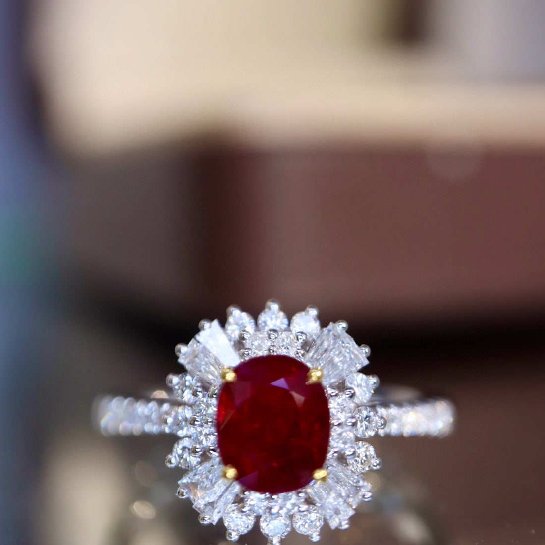 14k Gold 1.36 Ctw Vivid Red Natural Ruby & Diamond Ring: Ref:230974423 // gold content:14k gold // ring size:7. 25us // // main gemstone:ruby // shape:oval // carat weight:0. 95ct // color:vivid red // treatment:natural // // adjacent gemstone 2 : diamond